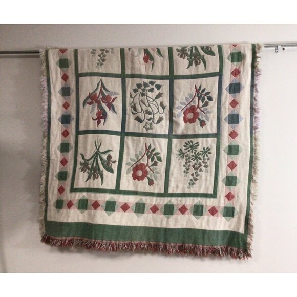 Vintage LL Bean Woven Knit Tapestry Throw Blanket Floral 55 x 44 in - Picture 1 of 7